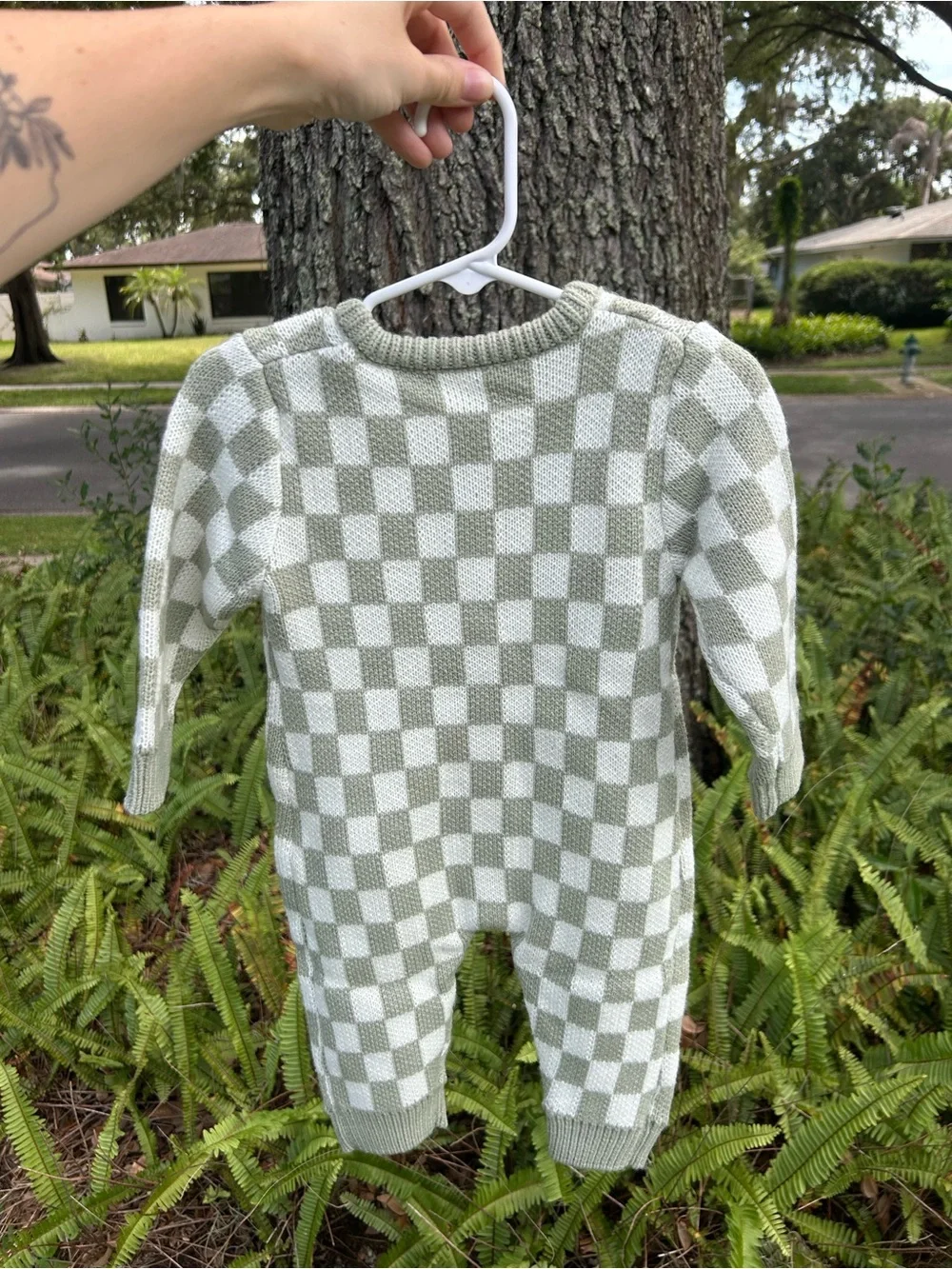 🧸 Green and White Check Knit Baby One-Piece Romper